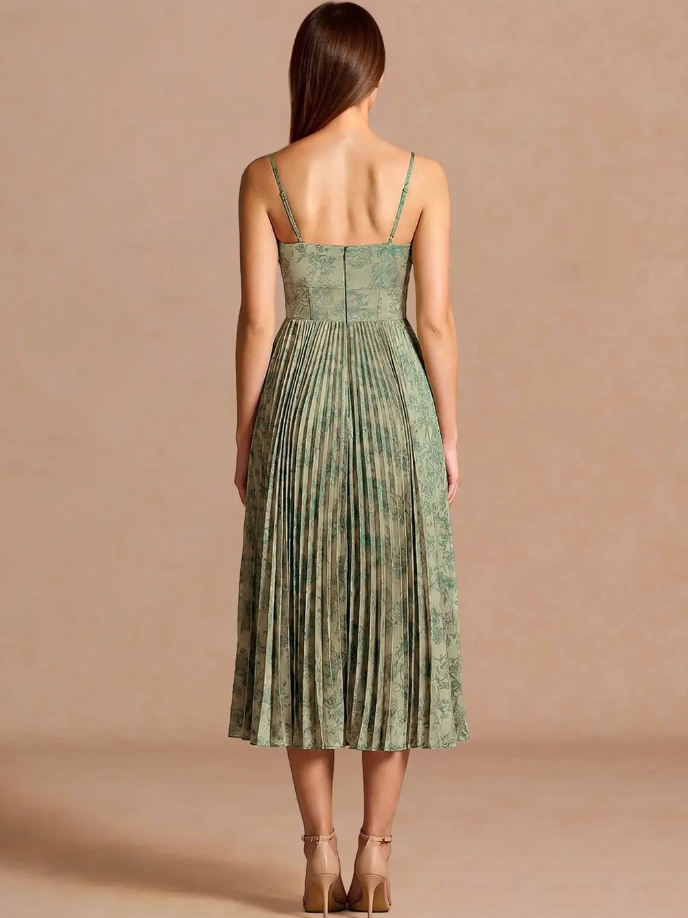 Azazie Sage Green Pleated Midi Dress with Spaghetti Straps
